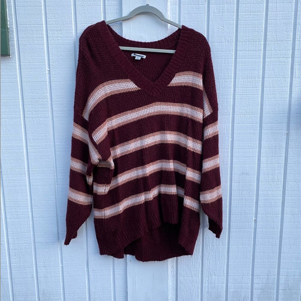 American Eagle XL Sweater V-Neck Striped Maroon Oversized Slouchy Emo Mall Goth